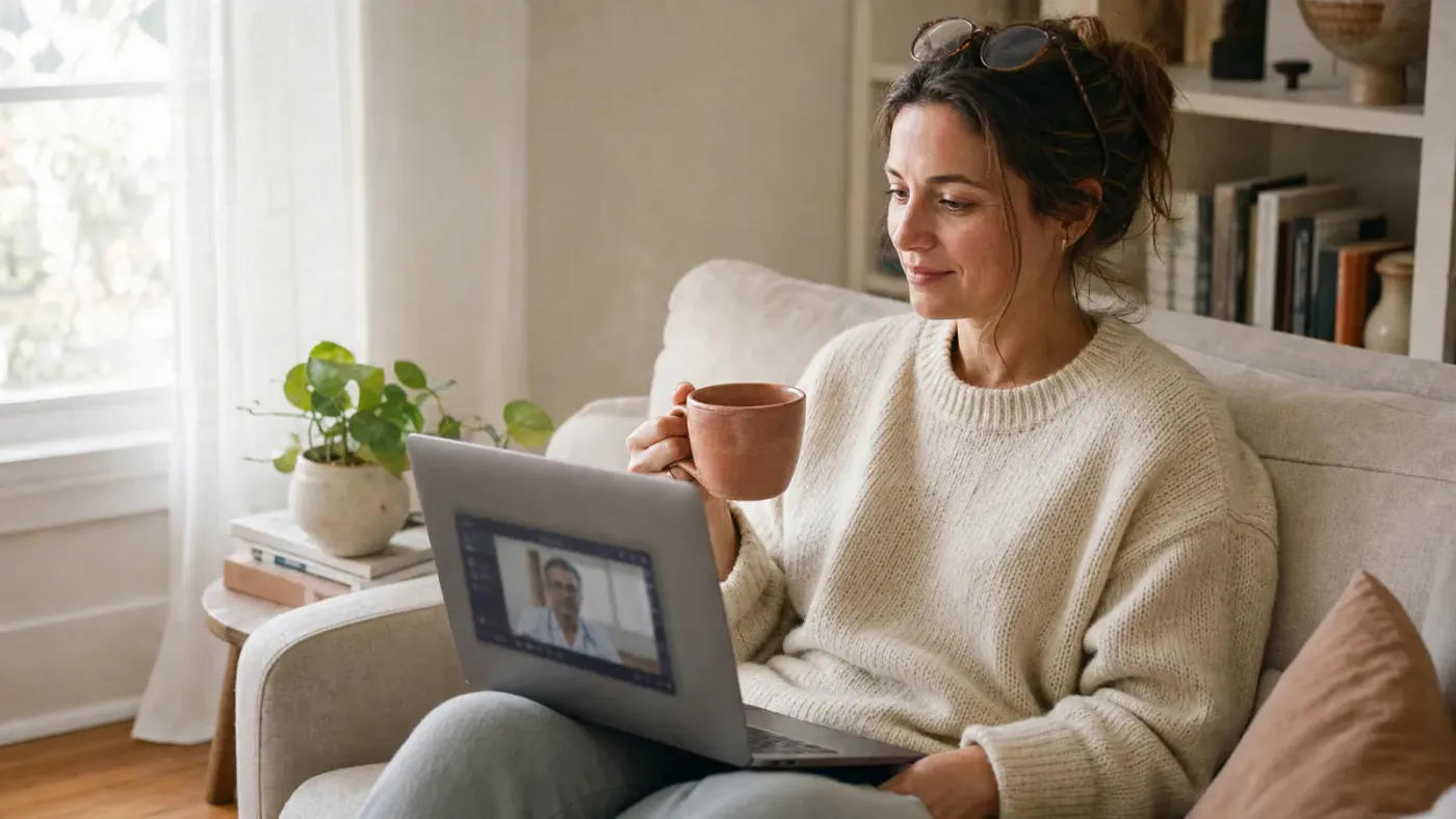 Patient preparing for a telehealth video consultation at home